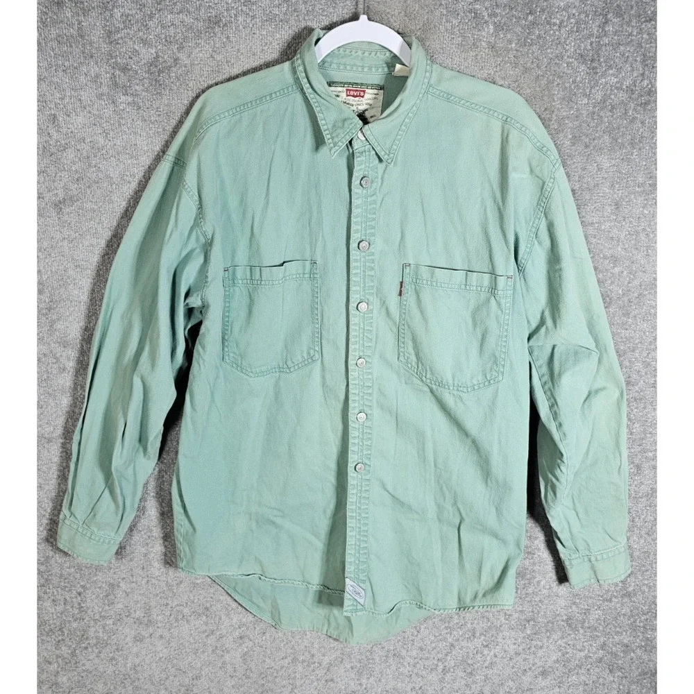 Vintage Levis Denim Button Up Shirt Mens Large Green Cotton Pockets Long Sleeve‎